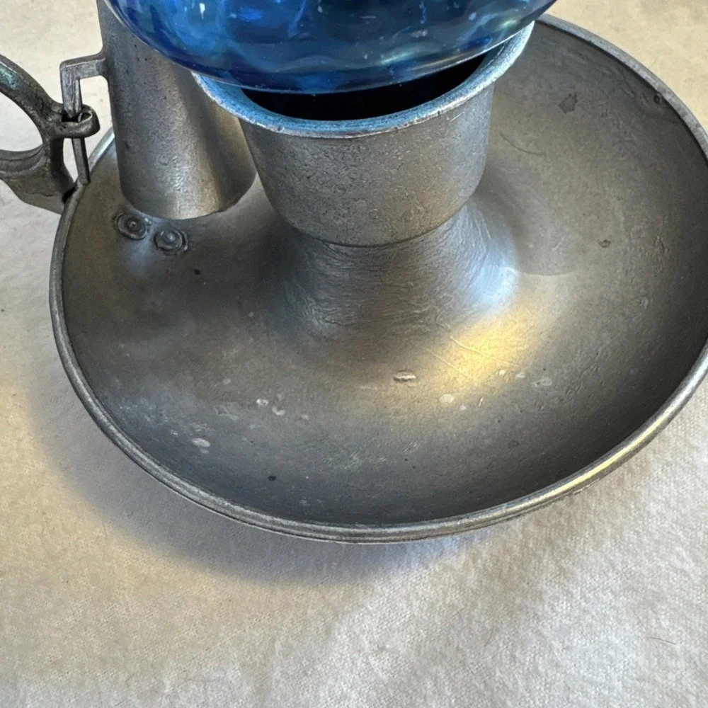 Vintage Pair Pewter Chamberstick Candle Holders Finger Loops Sniffers Blue Glass